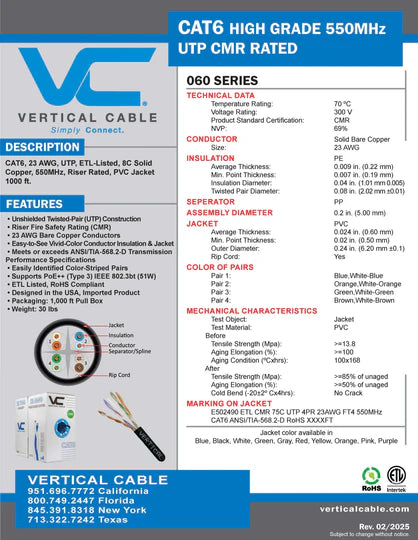 VC 1000FT SOLID CAT6 CABLE - 23AWG 550MHZ - CMR